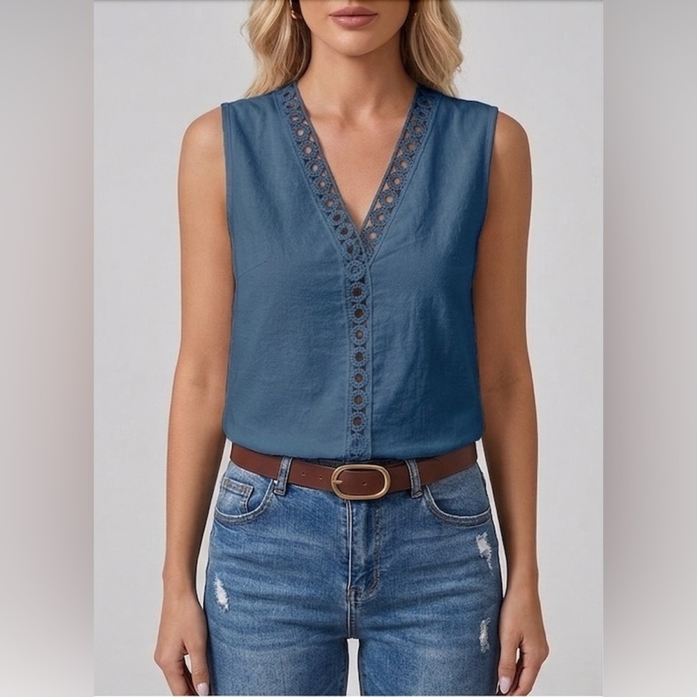 100% Cotton Boho V-Neck Crochet Detail Blouse Blue